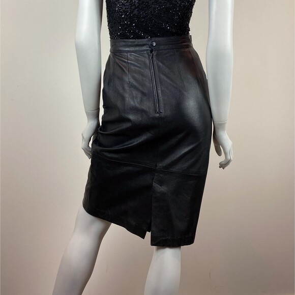 Vintage Womens Black Real Leather Pencil Skirt Minimalist Chic 90s - Picture 7 of 12